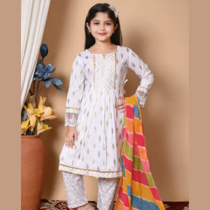 Girls Bandhani Cotton Blend Ethnic Dress  (White)